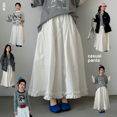 2026长袖韩版高腰A字半身裙女童棉质花边中长裙显瘦垂感白色裙子