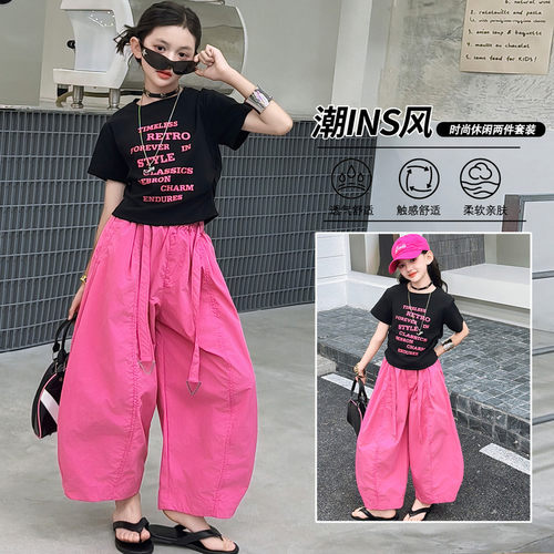 女童夏季韩版字母T恤弯刀裤两件套洋气休闲套装潮2026透气薄款