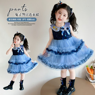 短袖薄款女童朱迪兔子警官网纱连衣裙夏季洛丽塔公主裙蓝色蓬蓬裙