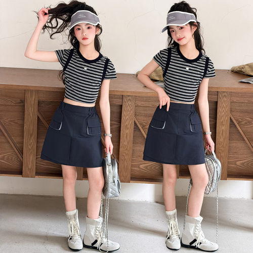 女童夏季工装半身裙短裙多口袋时尚两件套棉质薄款2026透气薄款
