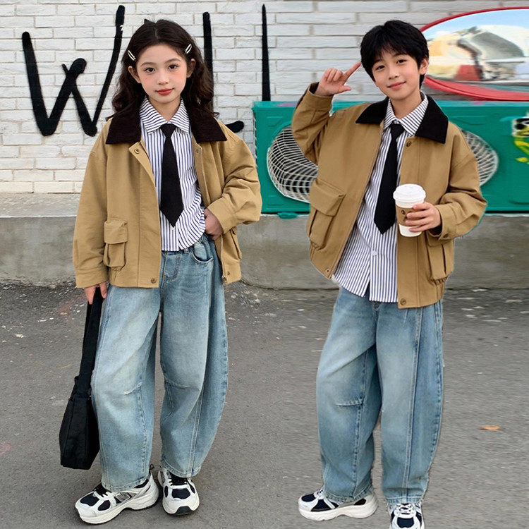2件套休闲风条纹衬衫牛仔裤两件套男女童春秋宽松大码套装