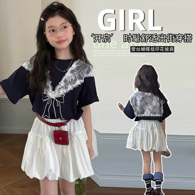 甜美女孩短袖T恤花苞裙套装夏季洋气女童蕾丝印花两件套透气薄款
