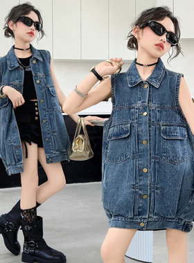 超好看甜美无袖牛仔连衣裙女童夏季翻领纽扣宽松中裙2026透气薄款