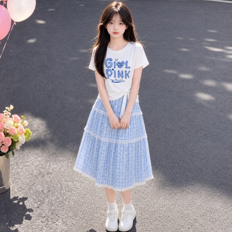 韩版女童夏装格子两件套连衣裙子初中生短袖T恤套装温柔甜美风潮图片