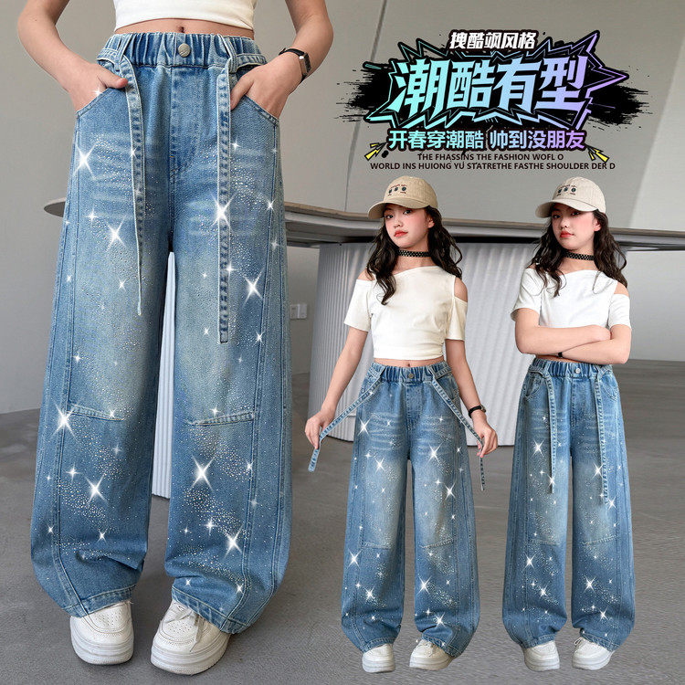 透气薄款女童满天星牛仔裤韩式阔腿弯刀裤中大童洋气时髦休闲长裤图片