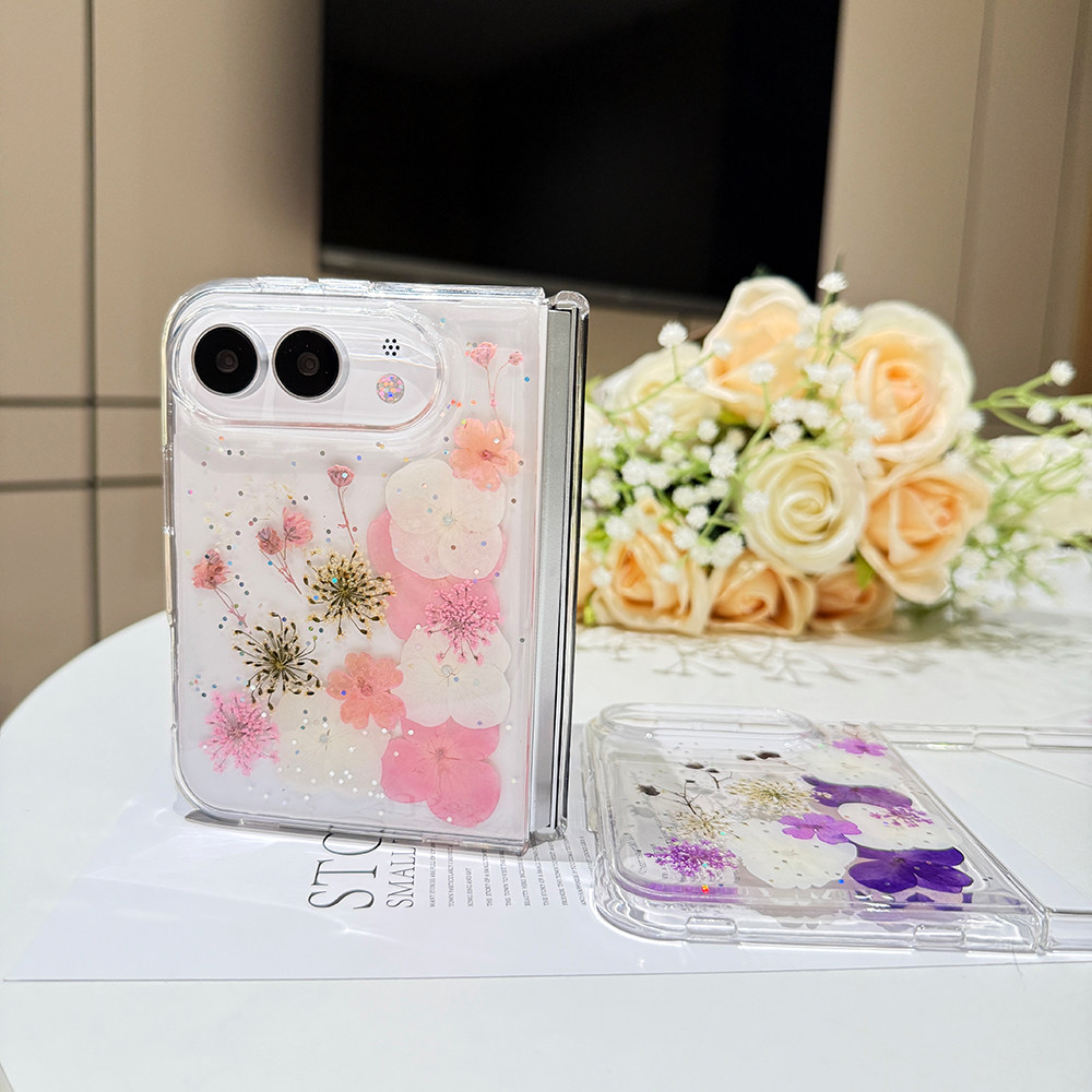 《紫粉花叙》适用iPhone Duo女款蝴蝶花永生花真干花苹果Duo手机壳鲜花折叠保护套
