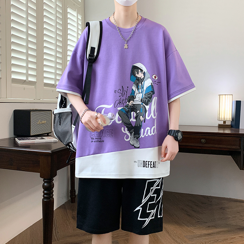 夏季帅气纯棉t恤潮流男孩初中学生运动半袖上衣服胖大童短袖套装
