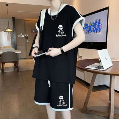 男孩休闲运动套装夏季12-15岁青少年初中学生宽松短袖t恤14胖大童
