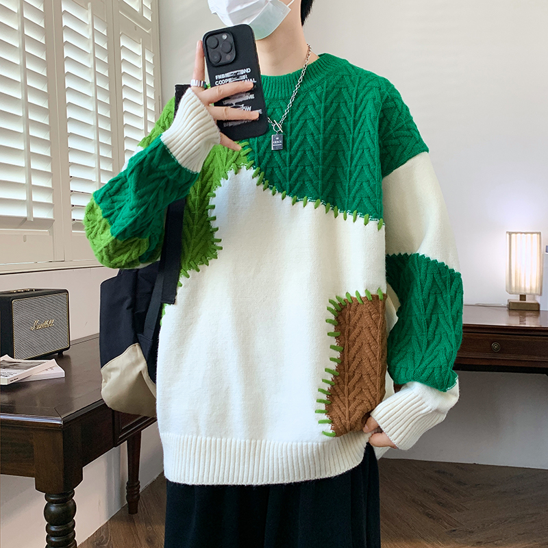 秋冬季圆领毛衣男孩初高中学生加厚保暖线衣青少年大童打底针织衫