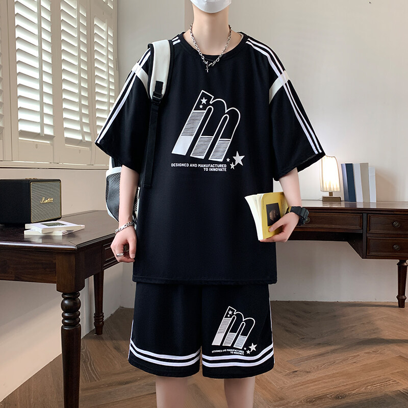 青少年薄款短袖t恤男孩12-15岁初中学生夏装13胖大童宽松运动套装