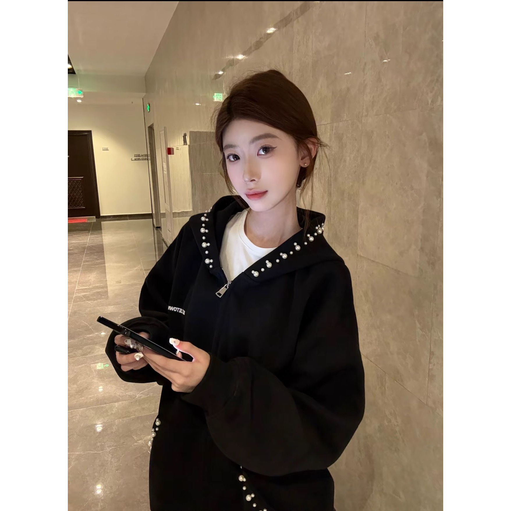 美式复古珍珠钉珠开衫卫衣女纯棉时尚防晒服