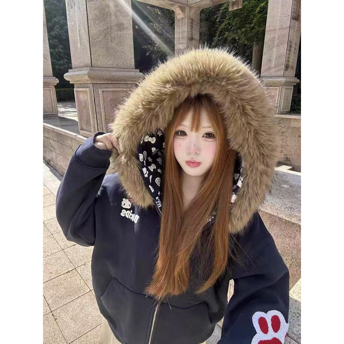 美式复古凯蒂猫毛领连帽卫衣秋冬时尚防晒服