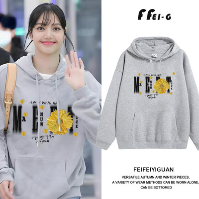 明星lisa同款灰色连帽卫衣女印花太阳花字母休闲套头长袖宽松外套
