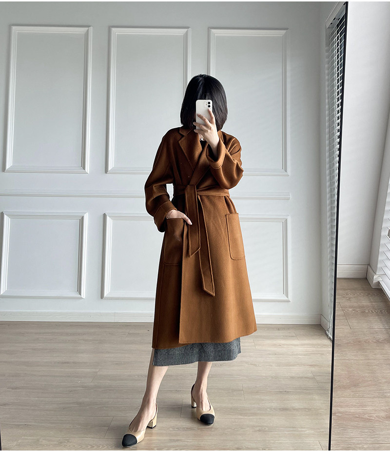 经典浴袍款 水波纹纯羊绒双面毛呢大衣女长款 秋冬