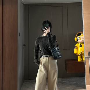 高级感!圆领弹力显瘦植绒丝绒光泽感长袖打底轻薄上衣T恤