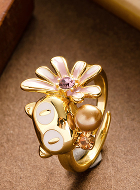 时尚精致镶钻珍珠滴油花卉开口戒指可调节小众高级感不掉色食指