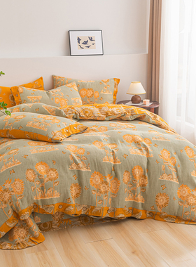 床上a类母婴级全棉三层纱床盖款四件套纯棉纱布加厚床单被套床品4