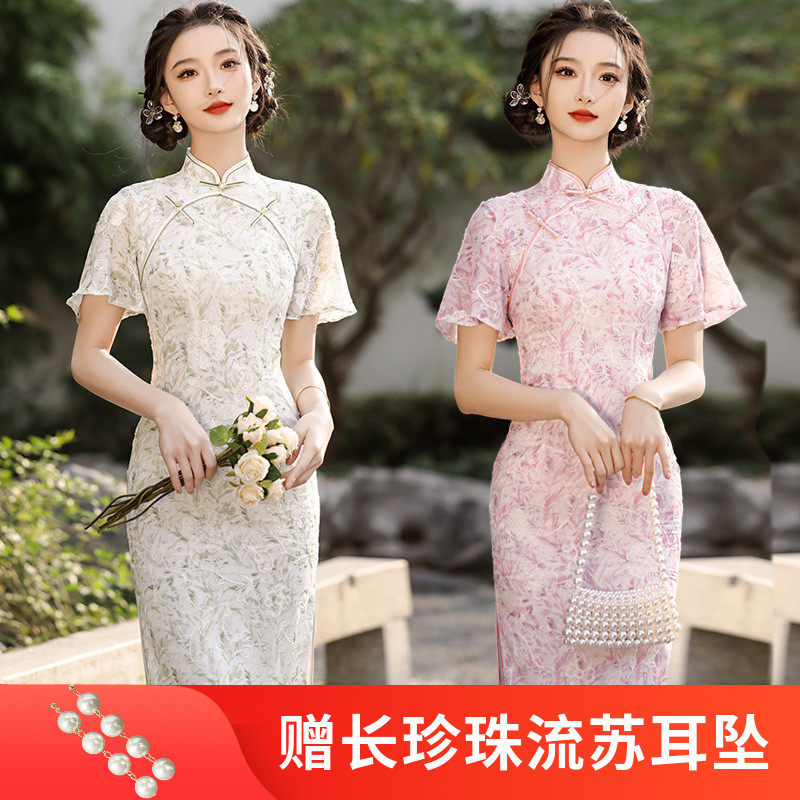 2024春夏款中国风高级麻绣花双层旗袍女装连衣裙改良年轻款少女