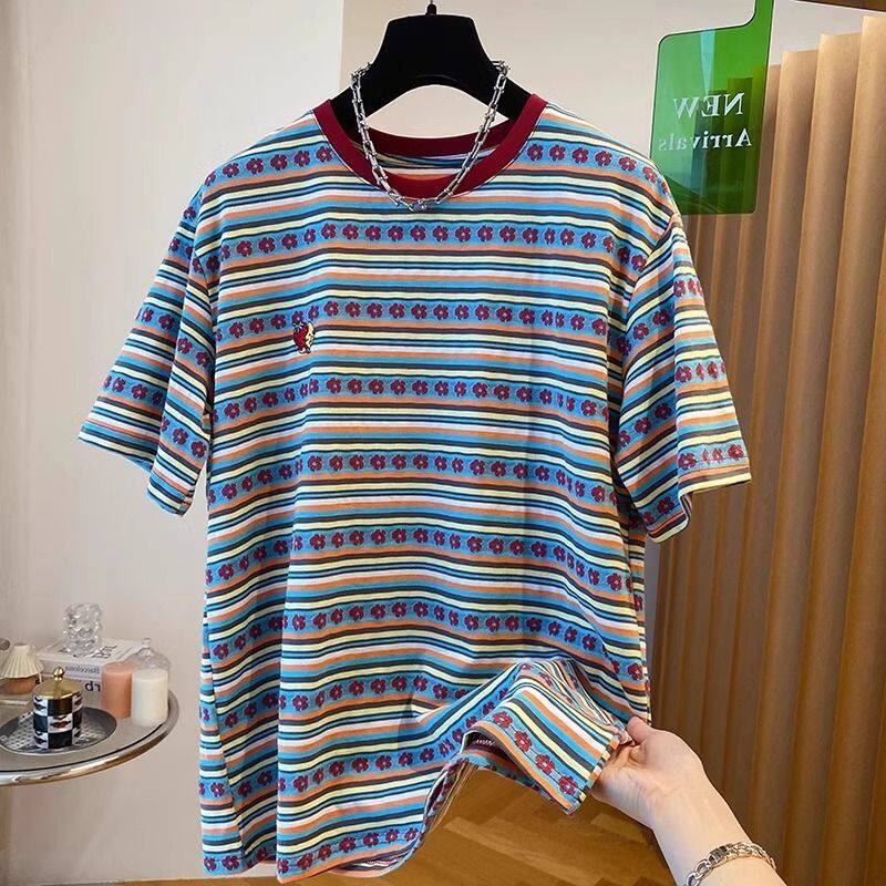 彩色条纹刺绣短袖t恤衫女夏季2026新款设计感正肩半袖多巴胺上衣