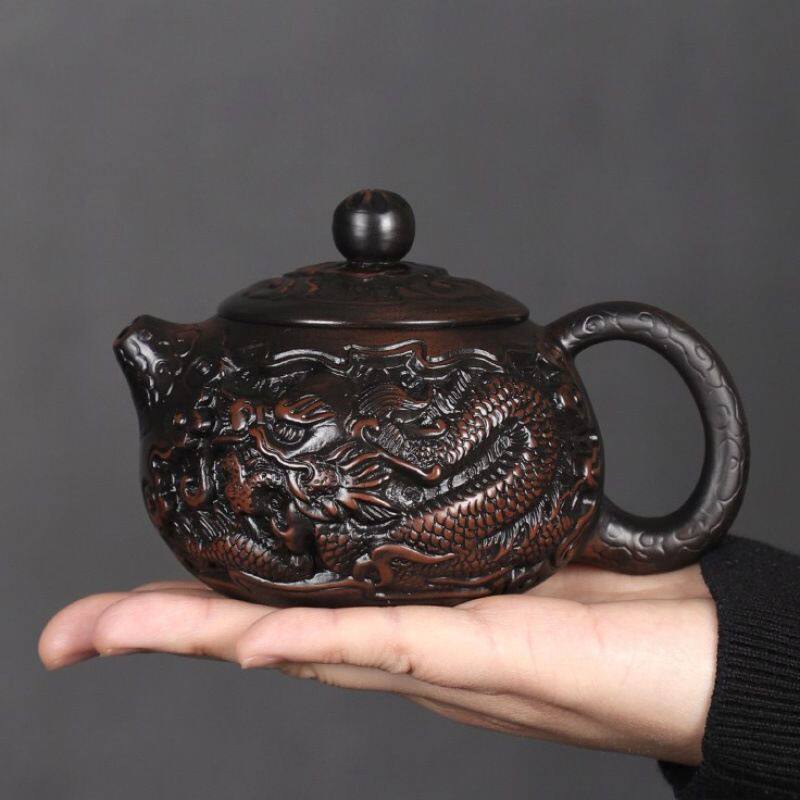 建水紫陶茶壶泡茶专用纯手工雕刻龙纹西施壶紫陶壶茶具套装泡茶壶