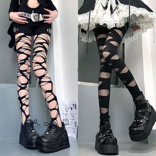 辣妹镂空连裤 丝袜女ins黑色朋克哥特风刀割破坏渔网袜y2k千禧暗黑