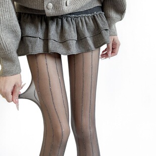 灰色闪亮银丝竖条纹丝袜女显瘦超薄透明连裤袜性感纯欲性感黑丝