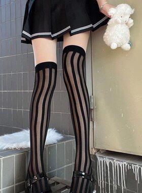 超薄黑色条纹长筒袜包芯丝高筒袜显瘦竖条女过膝大腿袜子春夏丝袜