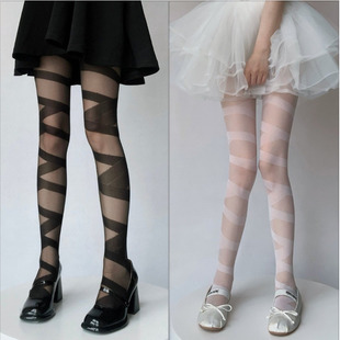 黑色绷带连裤袜长筒过膝丝袜女绑带黑丝薄款y2k亚文化火辣大腿袜