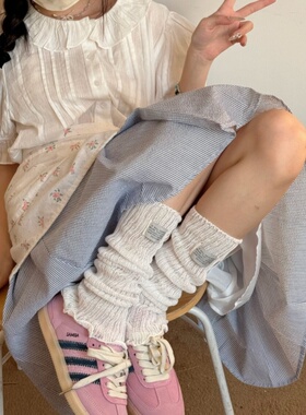 春夏薄款学院风多巴胺布标堆堆袜套灰色小腿袜女韩版镂空纯色腿套