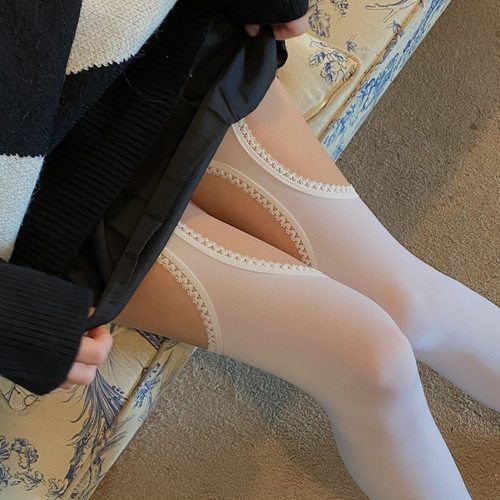黑色四面吊带立体花边连裤袜