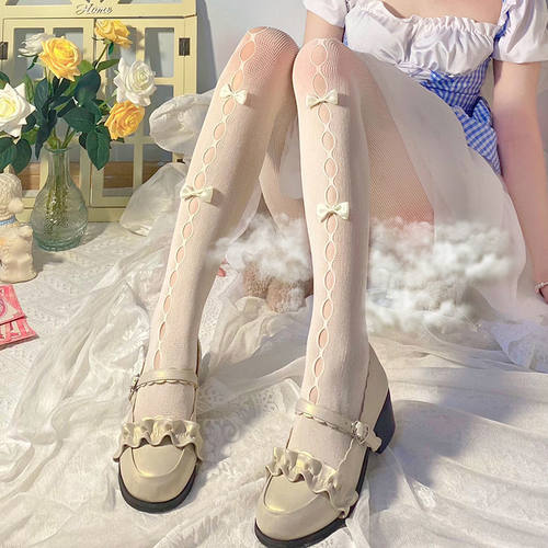 软妹日系白色丝袜洛丽塔蝴蝶结镂空打底连裤袜夏季薄款萝莉Lolita
