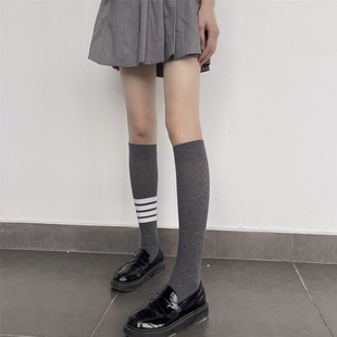 学院风JK小腿袜秋冬季棉质不对称四条杠中筒袜显瘦条纹小腿袜