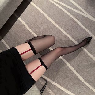 撞色红边黑色长筒纯欲白丝高筒袜 性感辣妹黑丝吊带过膝袜女超薄款