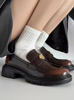 真皮法式复古美拉德风百搭英伦风小皮鞋宽头金币乐福鞋厚底单鞋女