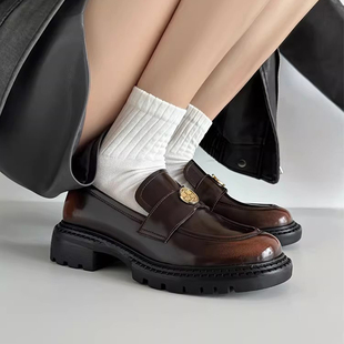厚底单鞋 宽头金币乐福鞋 女 复古美拉德风百搭英伦风小皮鞋 真皮法式