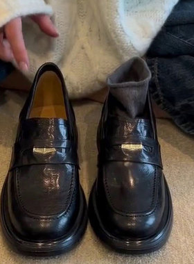 牛皮版~厚底乐福鞋女春秋新款复古单鞋子黑色一脚蹬英伦风小皮鞋