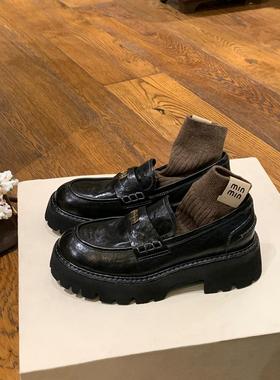 水洗马皮~2025新款小金币厚底懒人一脚蹬乐福鞋女英伦单鞋小皮鞋