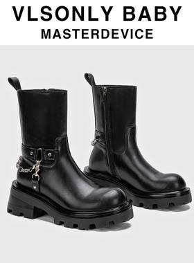 靴子女马丁靴女2025新款黑色真皮英伦风链扣短靴机车靴厚底烟筒靴