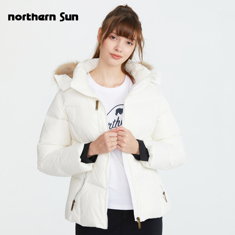 诺思山女短款白鸭绒大毛领羽绒服