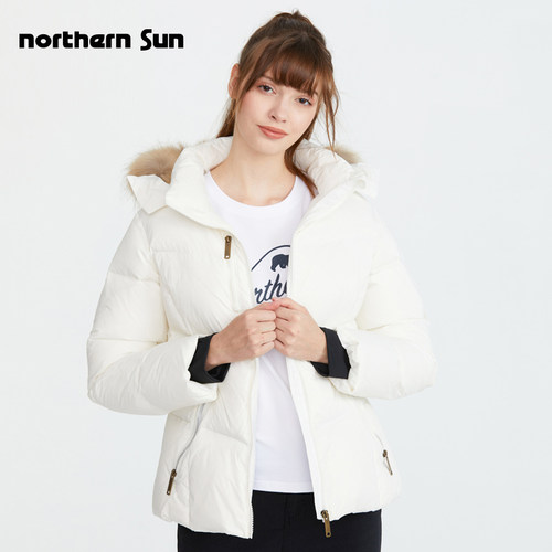 诺思山女短款白鸭绒大毛领羽绒服