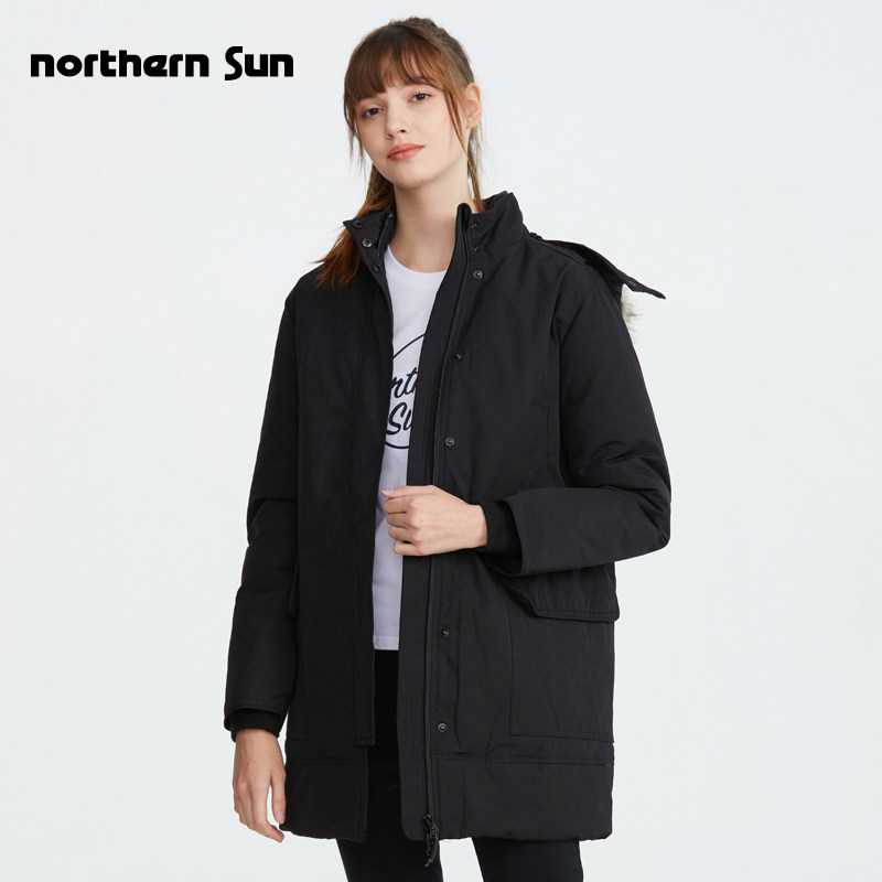 诺思山户外女中长款羽绒服白鸭绒可拆卸帽大毛领加厚派克大衣9378