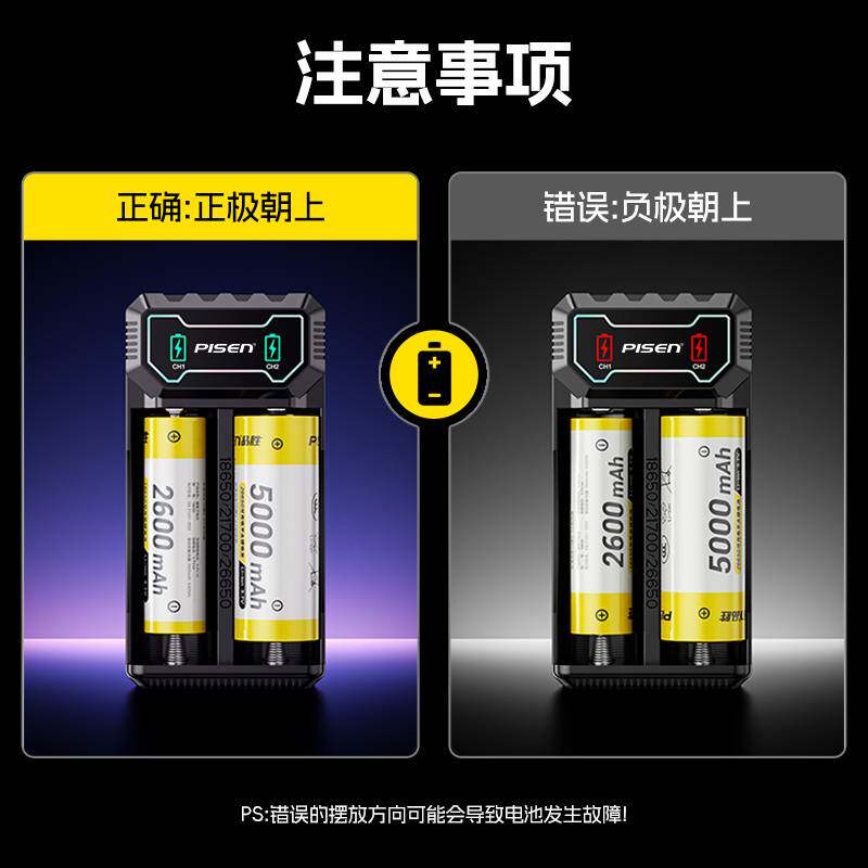 品胜18650锂电池可充电器尖头手电筒风扇平头26650专用3.7-4.2v