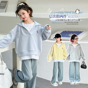 女童连帽卫衣2025春秋新款儿童假两件上衣春装韩版女孩套头衫洋气