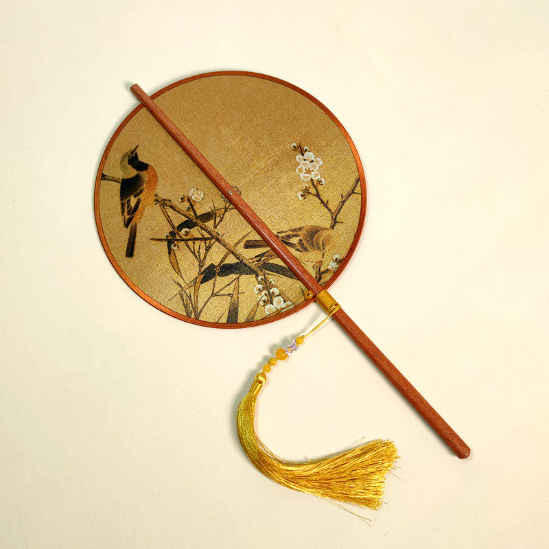 金檀木梅竹双雀图圆形汉服扇子中国风竹扇宋制可卷腰扇折叠古风