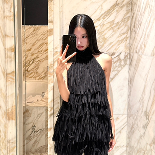 美少女rosie Rose同款大露背流苏玫瑰花朵纯欲挂脖背心裙上衣