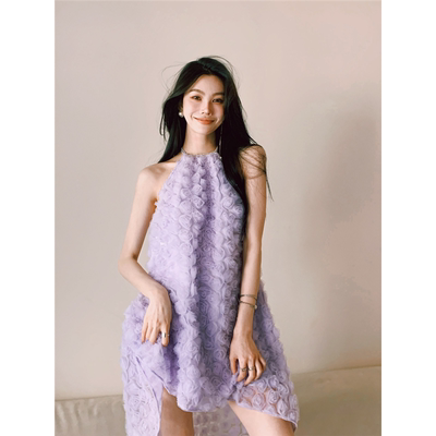 紫色立体玫瑰挂脖连衣裙女新娘婚礼晨袍订婚领证裙子出门轻婚纱