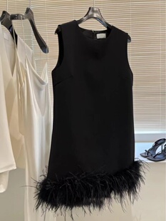 约会小礼服 密实鸵鸟毛 亚麻 挺括有型 黑色鸵鸟毛背心连衣裙