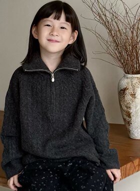 波拉韩国童装2025秋冬男童时尚休闲女童立领半拉链竖麻花点点毛衣