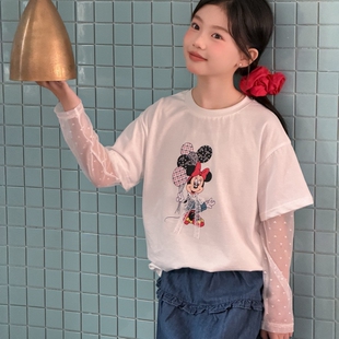 波拉韩国童装2026女童可爱风蕾丝带米奇T恤网纱长袖假二件上衣