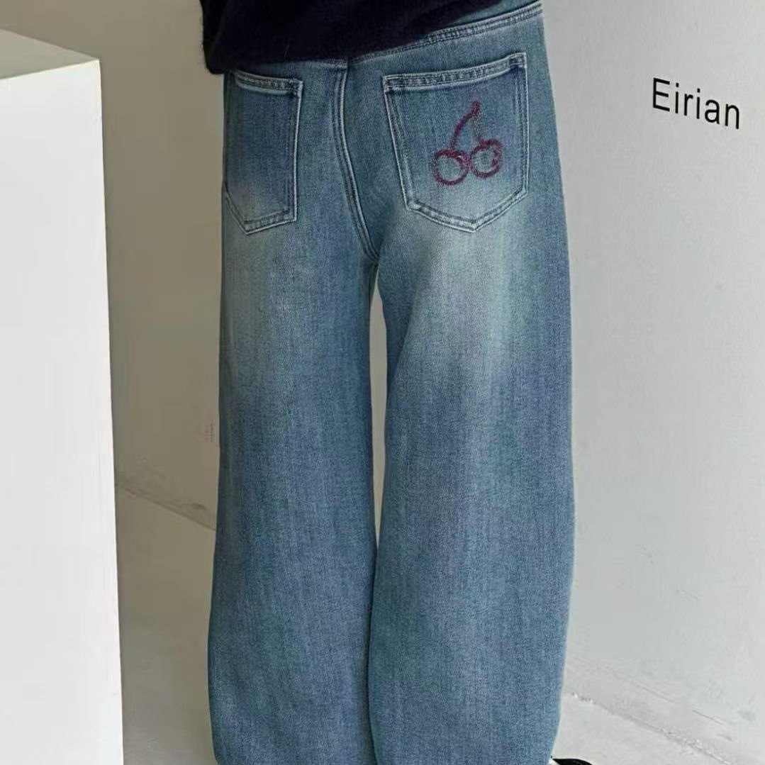 波拉韩国童装2025冬女童修身窄版直筒裤百搭洋气樱桃印加绒牛仔裤